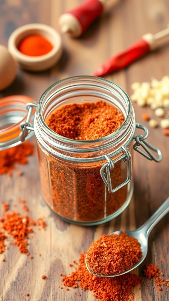 A jar of homemade Cajun seasoning with spices on a wooden table.